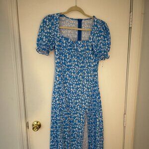 Blue Floral Maxi Dress with puff sleeves